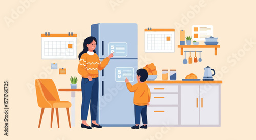 Mother And Son Organize Family Schedule On Refrigerator In The Kitchen