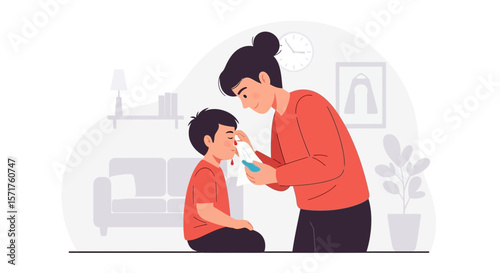Mother Helps Her Son With Nosebleed At Home In An Emergency Situation