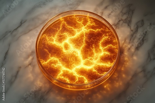 A petri dish contains a vibrant, branching network of orange and yellow luminescence, resembling a celestial phenomenon or electric charge. photo