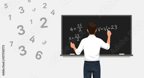 Teacher Explaining Mathematical Formulas On Blackboard In Classroom Scene