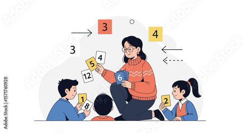 Teacher Helping Students Learn Math With Flashcards In A Classroom Setting
