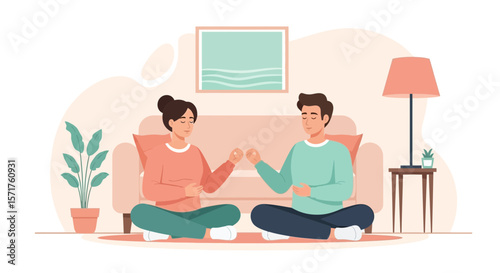 Couple Practicing Mindfulness Meditation At Home For Relaxation And Well-Being