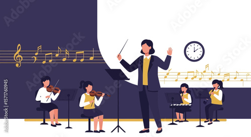 Musical Director Leading Young Musicians During Orchestra Rehearsal Session