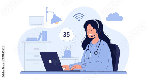 Friendly Online Doctor Consulting Patients Using A Laptop And Headset At Home
