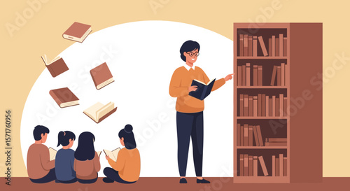 Teacher Reads To Students From Bookshelf Full Of Knowledge And Imagination