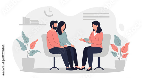 Couple Seeking Professional Assistance Sitting With Therapist In Office Flat Vector