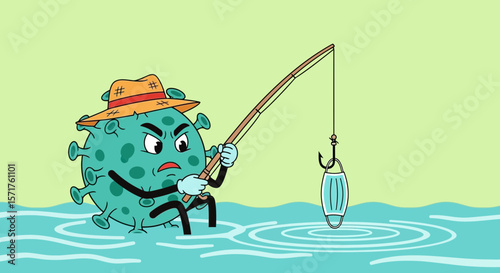 Covid Virus Angrily Fishing for Protective Face Masks During Pandemic