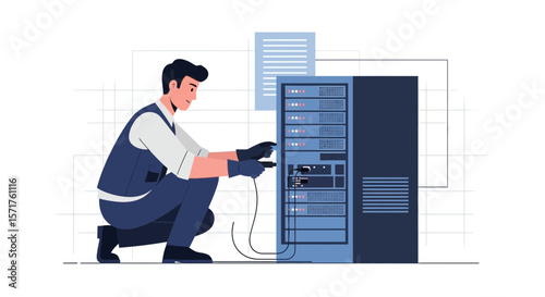 Network Technician Connecting Cables In Server Room For Data Management