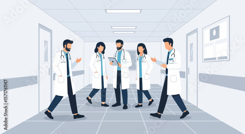 Team Of Doctors Discussing Patient Information In Hospital Hallway Environment