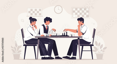 Friends Playing Chess At Table In Living Room Strategy Game Concentration