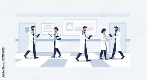 Team Of Medical Professionals In Hospital Hallway Walking And Discussing Patient Care