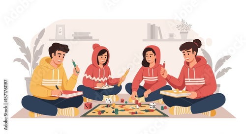 Friends Having Fun Playing Board Game And Doing Homework Together Indoors