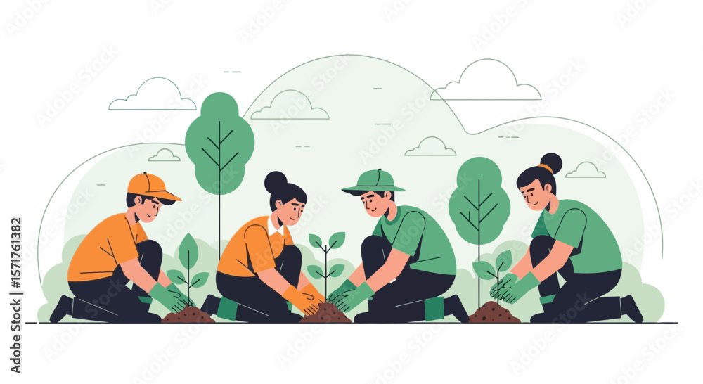 Fototapeta premium Teamwork And Planting Young Trees Illustration In Natural Environment Design