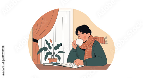 Cozy Morning Ritual Young Man Enjoying Hot Drink While Writing At Home