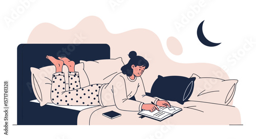 Nighttime Journaling Girl In Bed Writing Diary Under Crescent Moon Illustration
