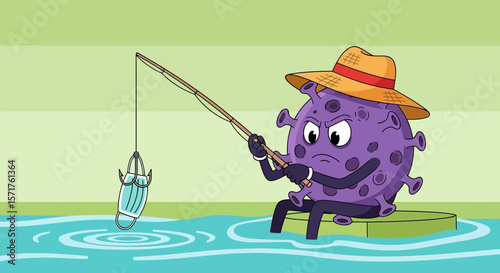 Funny Cartoon Of Coronavirus Catching Protective Mask With Fishing Rod