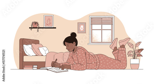Cozy Writing Session Young Woman Journaling In Bedroom Indoor Scene