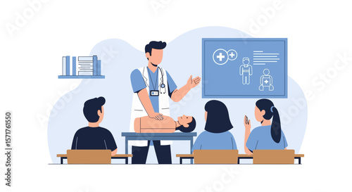 Cpr Training Session With Medical Professional And Students In Modern Classroom