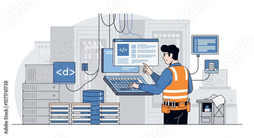 Technician Supervising Data Server Infrastructure System and Optimizing Performance