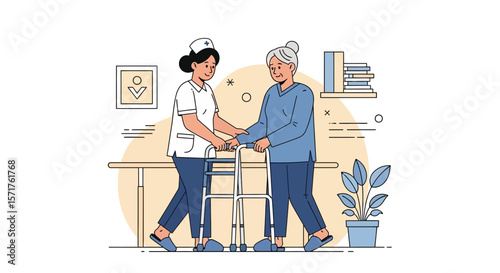 Nurse Assisting Senior Woman With Walker At Home Healthcare Environment