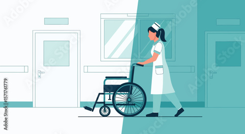 Nurse Assisting With Wheelchair In Hospital Corridor Vector Illustration