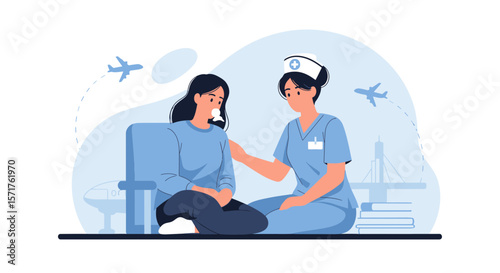 Nurse Comforting Anxious Traveler Experiencing Fear Of Flying Before Air Travel