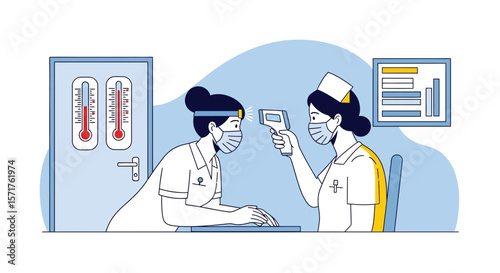 Nurse Checks Temperature With Infrared Thermometer Illustration For Health Safety