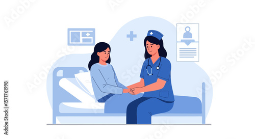 Nurse Comforting Patient In Hospital Bed During Consultation For Healthcare Support