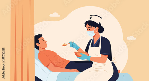 Nurse Feeding Patient In Hospital Bed During Recovery Or Ongoing Care Illustration