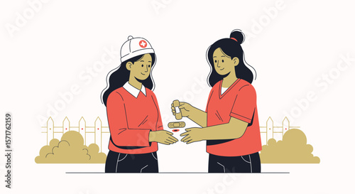 Nurse Giving First Aid Plaster For Young Woman In Outdoors First Aid Services