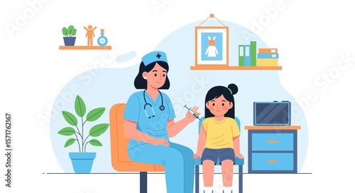 Nurse Giving Child Vaccination Shot For Protection Against Illnesses In Medical Clinic