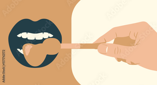 Throat Examination Graphic Art With Hand Holding Depressor For Illness Checkup