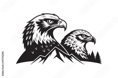 Hawk twin head vector silhouette on white background.01