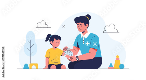 Nurse Giving First Aid To A Child With Illustration Cartoon Character