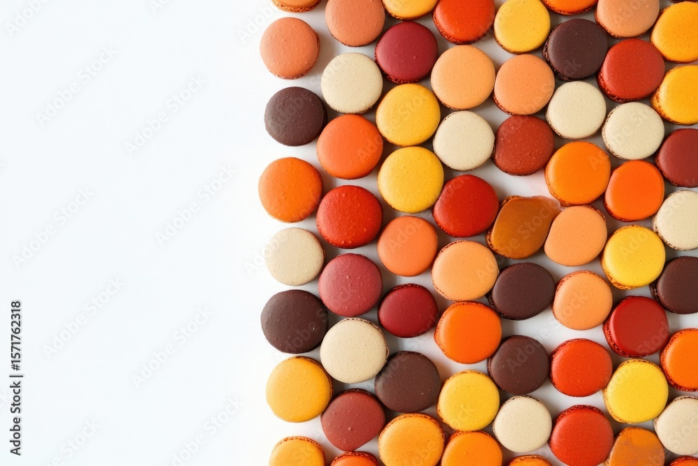 Obraz premium Colorful macarons in autumn tones are arranged on a white surface, occupying the right side of the frame.