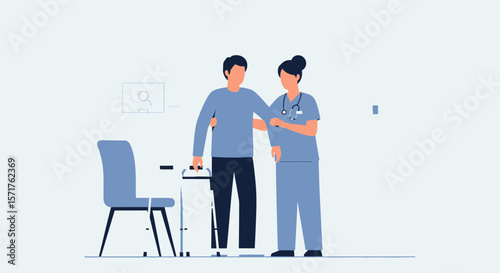 Nurse Helping Patient With Walker Recovering In Hospital After Injury Or Surgery