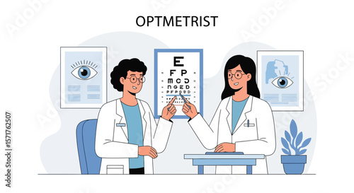 Two Young Doctors Examining Patient Visual Acuity With An Eye Chart