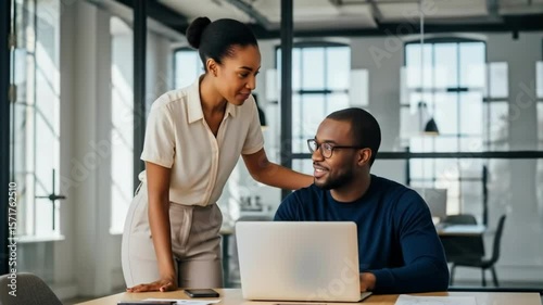 A business team works together on a laptop in a bright and modern office