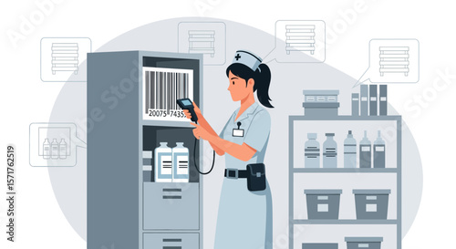 Nurse Inventorying Medicine Stock Using Barcode Scanner In Storage Room