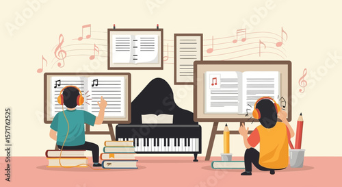 Two Students Enjoying Musical Composition And Learning By Using A Piano