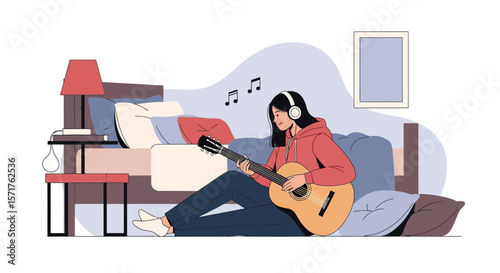 Creative Girl Playing Acoustic Guitar Relaxing In Her Bedroom Illustration