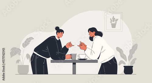 Two Young Women Conversing During A Coffee Break In An Interior Space