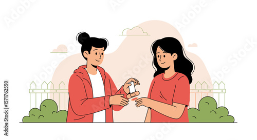 Two Young Women Sharing A Bandage In The Park, Concept Of Assistance And Kindness