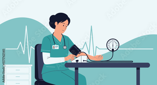 Nurse Measures Blood Pressure Health Care Professional In Clinical Setting