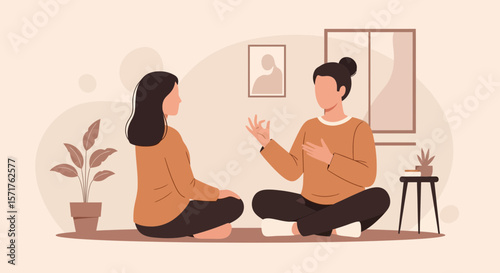 Two Young Women Sitting Cross Legged in a Minimalist Room for a Peaceful Discussion