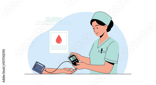 Nurse Measures Blood Sugar Level of Patient in Medical Checkup at Clinic