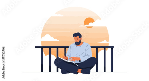 Creative Man Writing Journal On Balcony At Sunrise Flat Vector Illustration