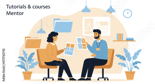 Creative Mentoring Session In Modern Office Illustrating Design Discussion Process