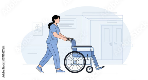 Nurse Moving An Empty Wheelchair In The Hospital Hallway Illustration