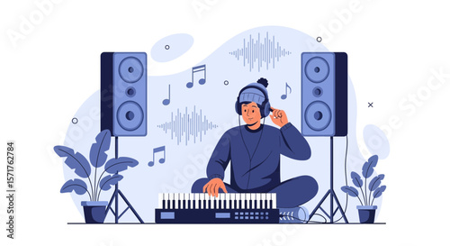 Creative Music Composer Composing Tracks With Keyboard In Home Studio Environment